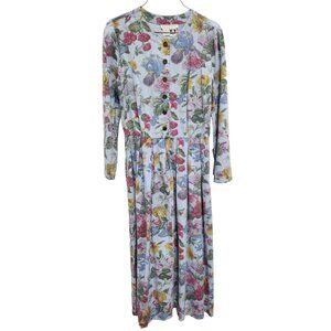 Vintage Dennis Goldsmith Midi Dress Size 10 Blue Floral Long Sleeve Prairie BOHO